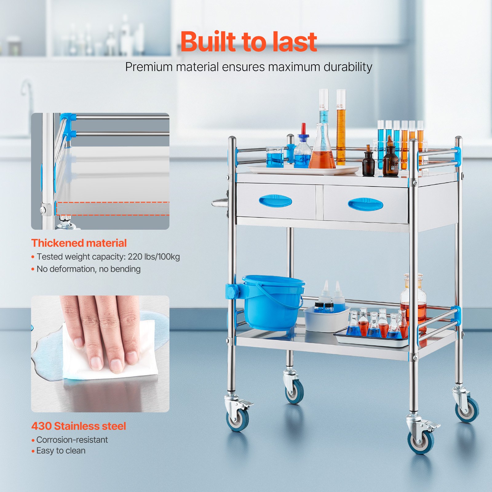 VEVOR Service Cart, 2 Layers Stainless Steel Utility Rolling Cart, Medical Cart with Two Drawers, Dental Utility Cart with Lockable Wheels and A Bucket, Ideal for Laboratory, Hospital, Dental Use
