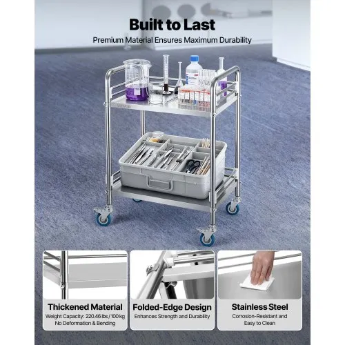 Lab Rolling Cart, Stainless Steel Serving Cart 2 Layer