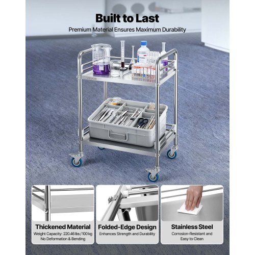 Lab Rolling Cart, Stainless Steel Serving Cart 2 Layer Lab Rolling Cart, Stainless Steel Serving Cart 2 Layer