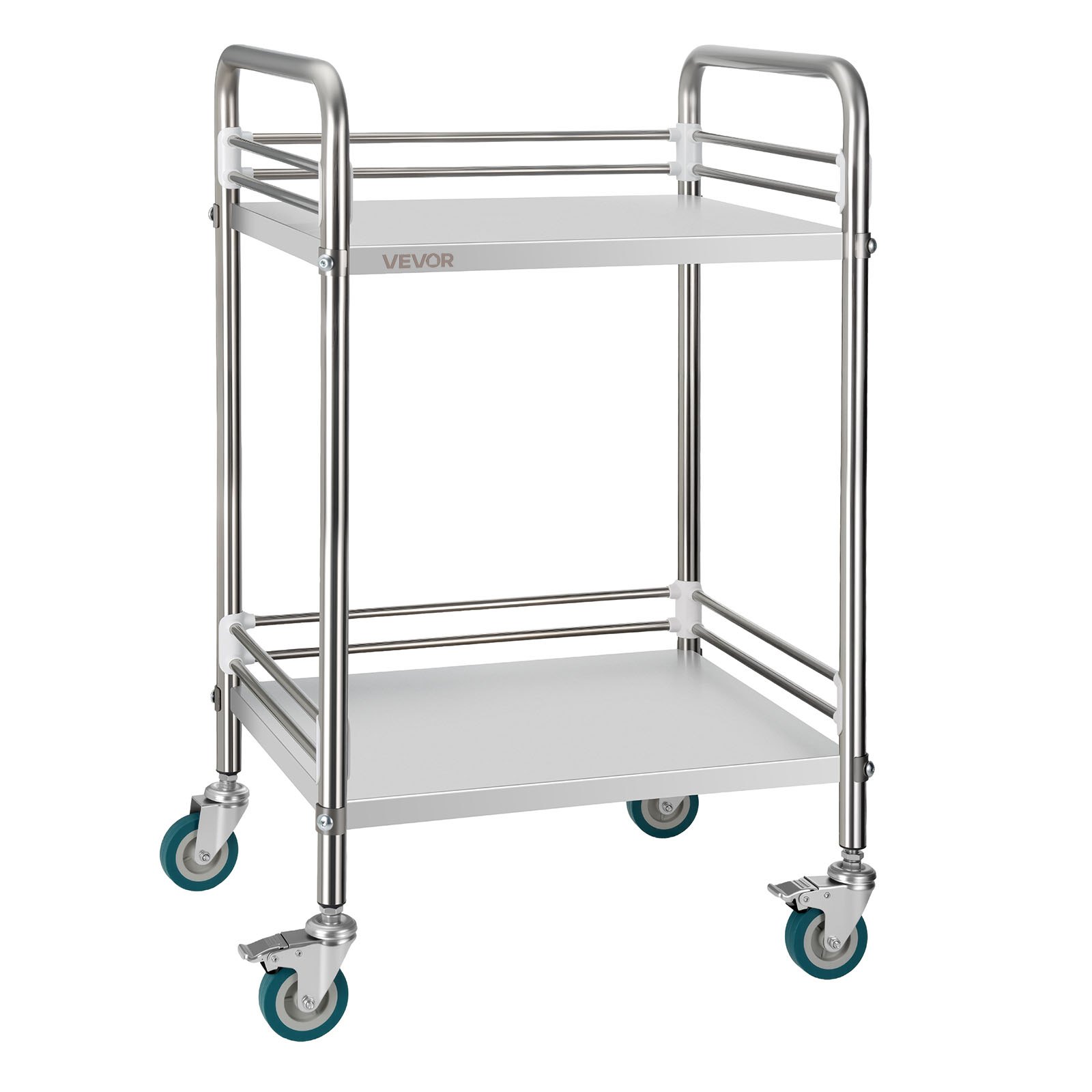 VEVOR Stainless Steel Cart, 2-Tier Rolling Lab Utility Cart with Lockable Wheels, Medical Serving Trolley Clinic Tray, Heavy Duty Mobile Service Storage Tray for Hospital, Restaurant, Kitchen, Salon