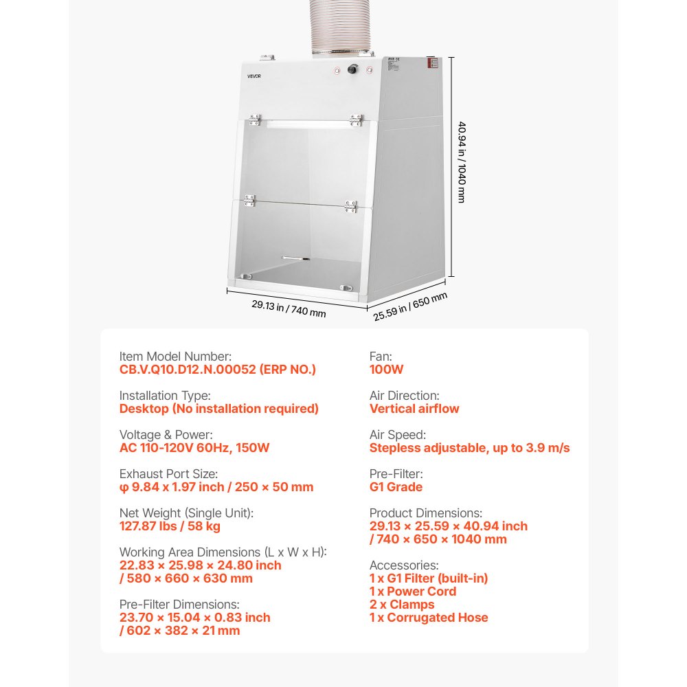 VEVOR Ducted Fume Hood, 22.83 x 25.98 x 24.80 inch Working Area, Lab Fume Hood with LED Light and G1 Pre-Filter, Exhaust Equipment for Laboratory Fume Control and Pharmaceutical Compounding, White