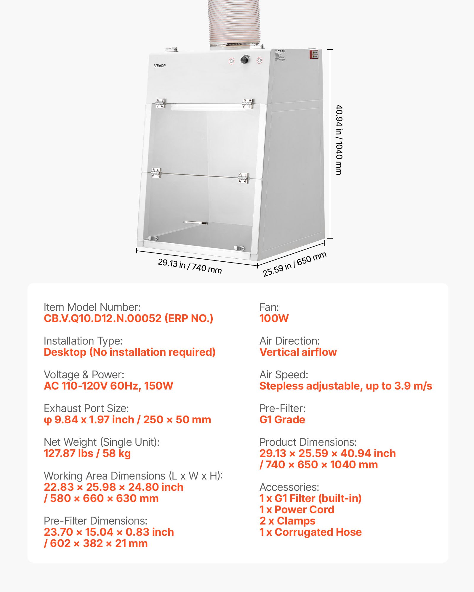 VEVOR Ducted Fume Hood, 22.83 x 25.98 x 24.80 inch Working Area, Lab Fume Hood with LED Light and G1 Pre-Filter, Exhaust Equipment for Laboratory Fume Control and Pharmaceutical Compounding, White