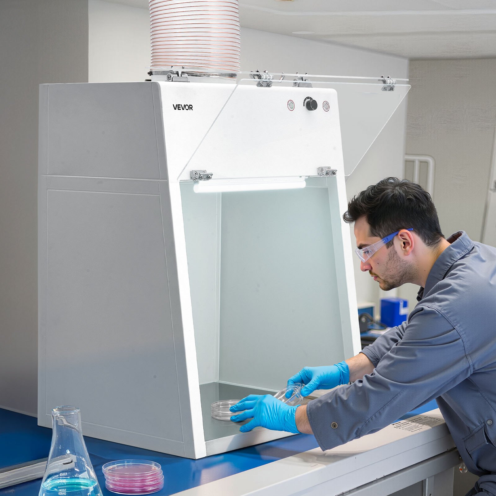 VEVOR Ducted Fume Hood, 22.83 x 25.98 x 24.80 inch Working Area, Lab Fume Hood with LED Light and G1 Pre-Filter, Exhaust Equipment for Laboratory Fume Control and Pharmaceutical Compounding, White
