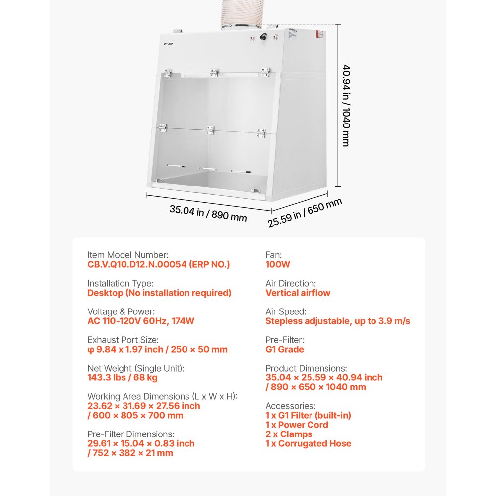 VEVOR Ducted Fume Hood, 23.62 x 31.69 x 27.56 inch Working Area, Lab Fume Hood with LED Light and G1 Pre-Filter, Exhaust Equipment for Laboratory Fume Control and Pharmaceutical Compounding, White
