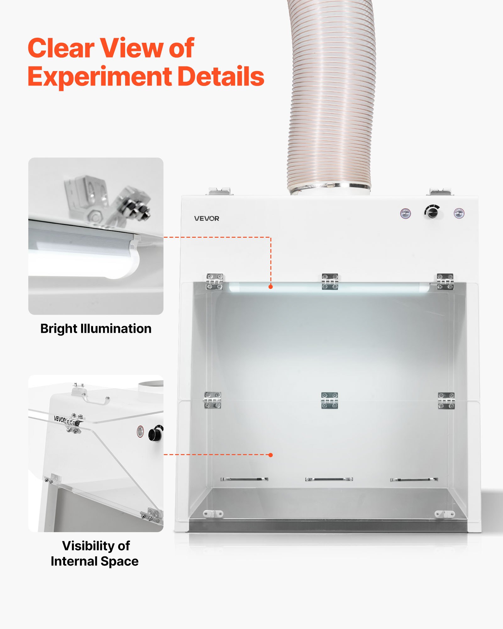 VEVOR Ducted Fume Hood, 23.62 x 31.69 x 27.56 inch Working Area, Lab Fume Hood with LED Light and G1 Pre-Filter, Exhaust Equipment for Laboratory Fume Control and Pharmaceutical Compounding, White