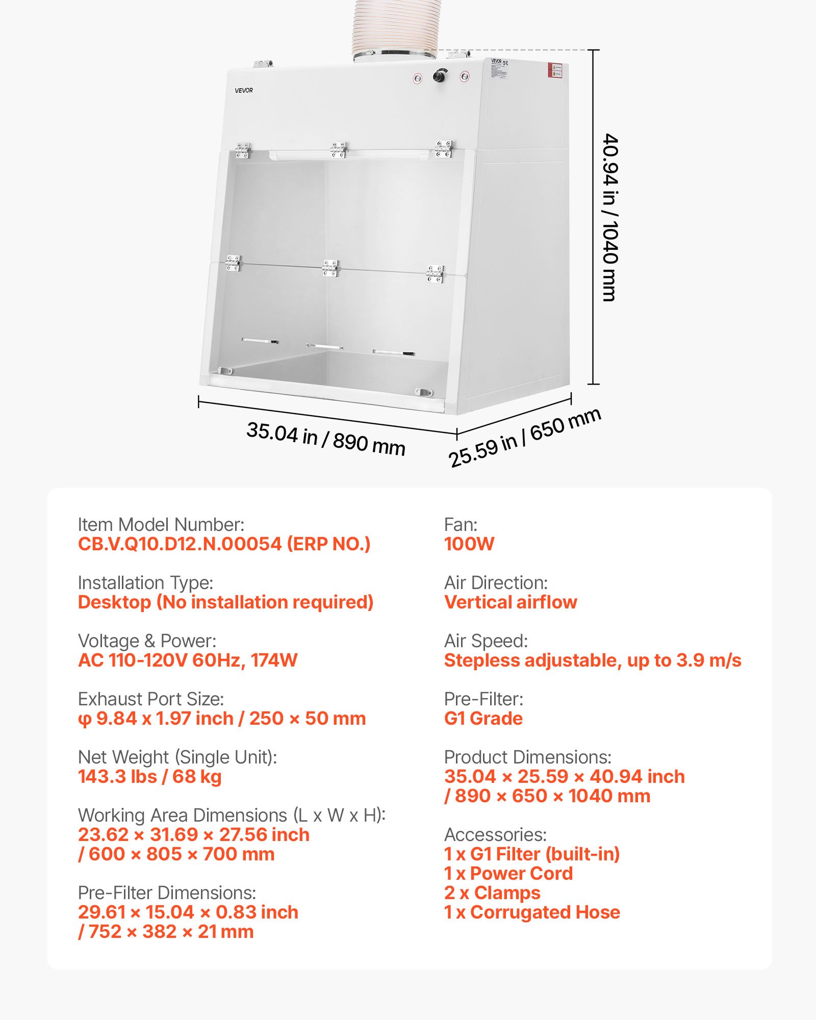 VEVOR Ducted Fume Hood, 23.62 x 31.69 x 27.56 inch Working Area, Lab Fume Hood with LED Light and G1 Pre-Filter, Exhaust Equipment for Laboratory Fume Control and Pharmaceutical Compounding, White