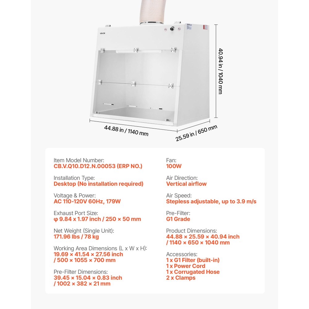 VEVOR Ducted Fume Hood, 19.69 x 41.54 x 27.56 inch Working Area, Lab Fume Hood with LED Light and G1 Pre-Filter, Exhaust Equipment for Laboratory Fume Control and Pharmaceutical Compounding, White