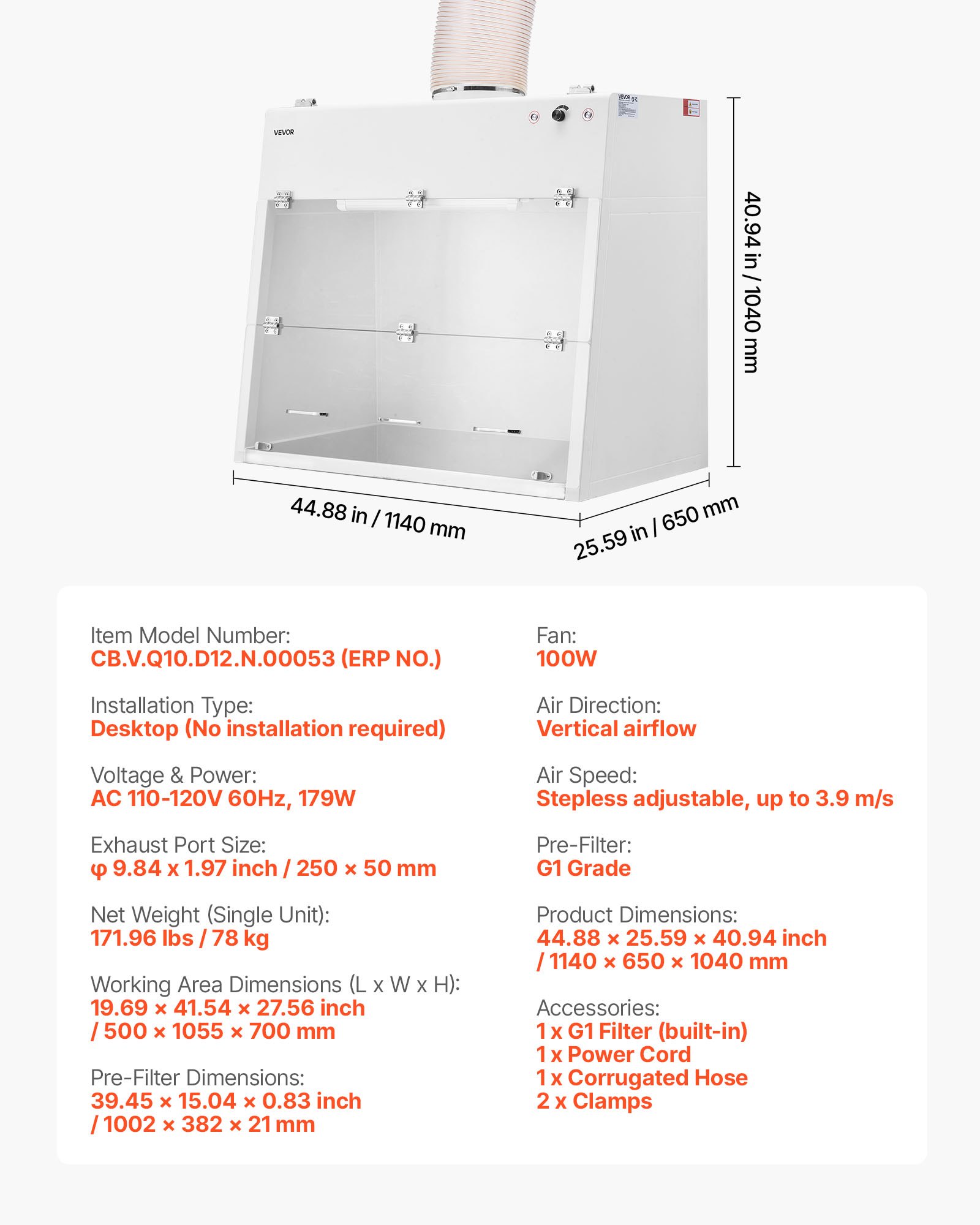VEVOR Ducted Fume Hood, 19.69 x 41.54 x 27.56 inch Working Area, Lab Fume Hood with LED Light and G1 Pre-Filter, Exhaust Equipment for Laboratory Fume Control and Pharmaceutical Compounding, White