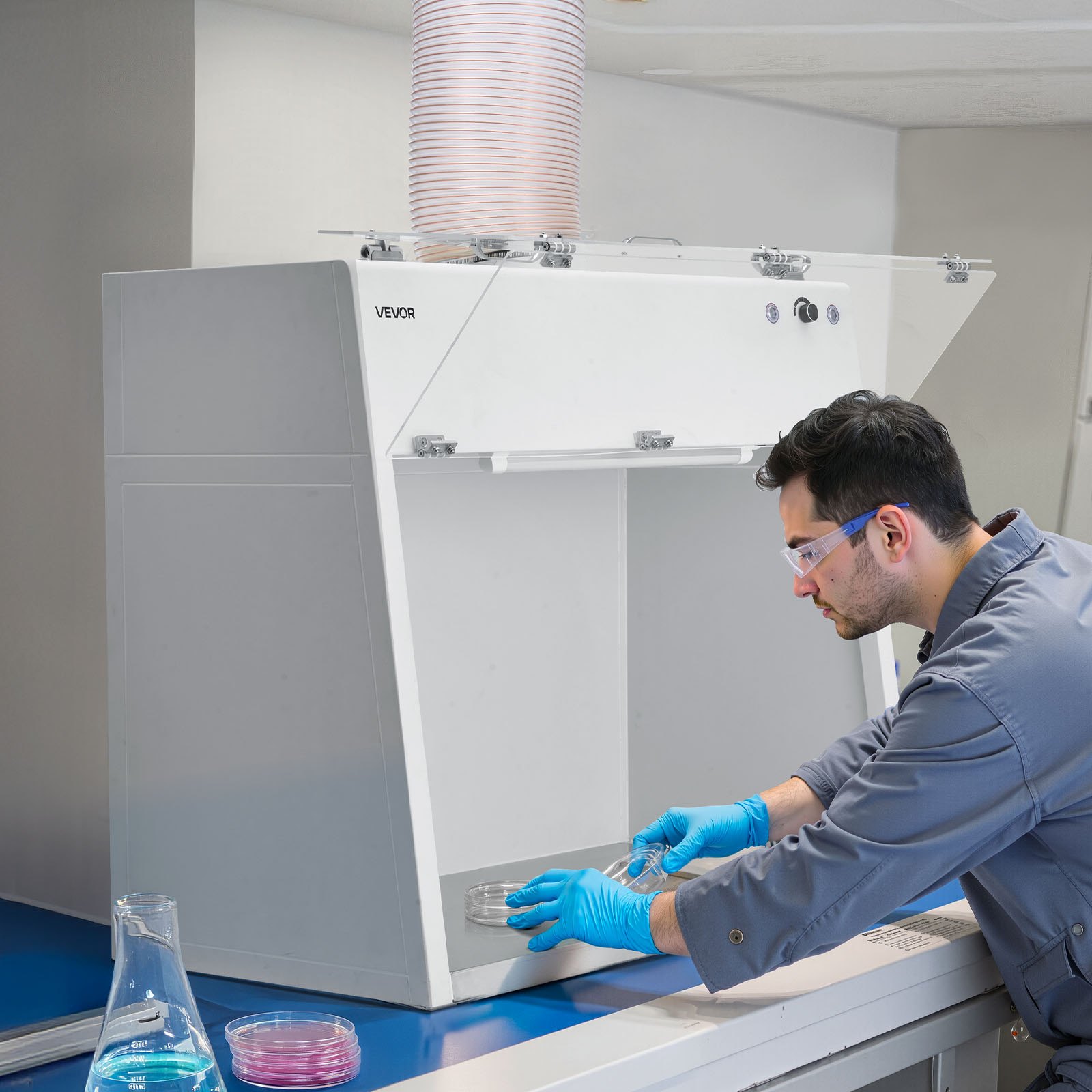 VEVOR Ducted Fume Hood, 19.69 x 41.54 x 27.56 inch Working Area, Lab Fume Hood with LED Light and G1 Pre-Filter, Exhaust Equipment for Laboratory Fume Control and Pharmaceutical Compounding, White