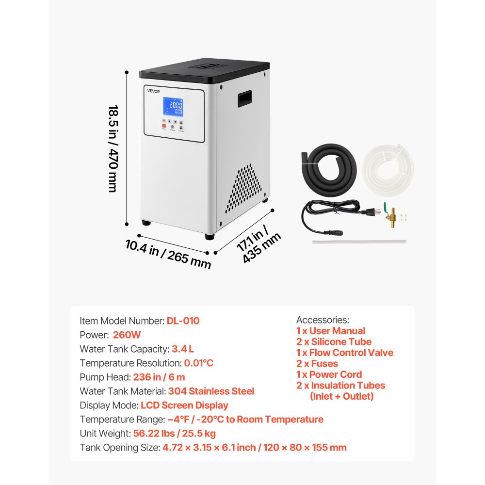 VEVOR Laboratory Chiller Circulator, -20℃ to Room Temperature, 3.4 L Internal and External Dual Circulation, Compatible with ≤2 L Rotary Evaporators for Condenser Reflux and Rapid Cooling