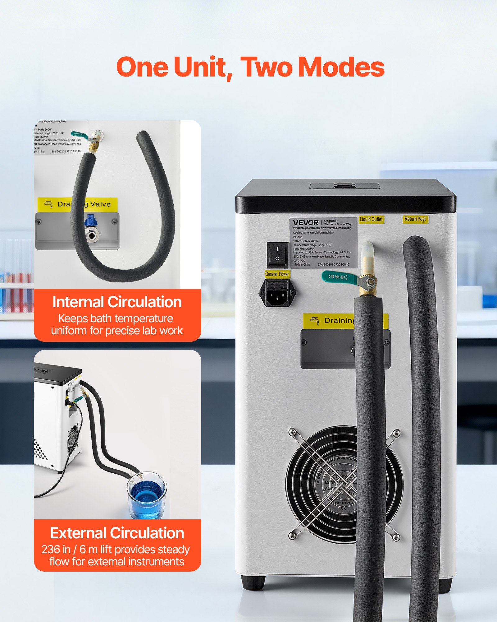 VEVOR Laboratory Chiller Circulator, -20℃ to Room Temperature, 3.4 L Internal and External Dual Circulation, Compatible with ≤2 L Rotary Evaporators for Condenser Reflux and Rapid Cooling