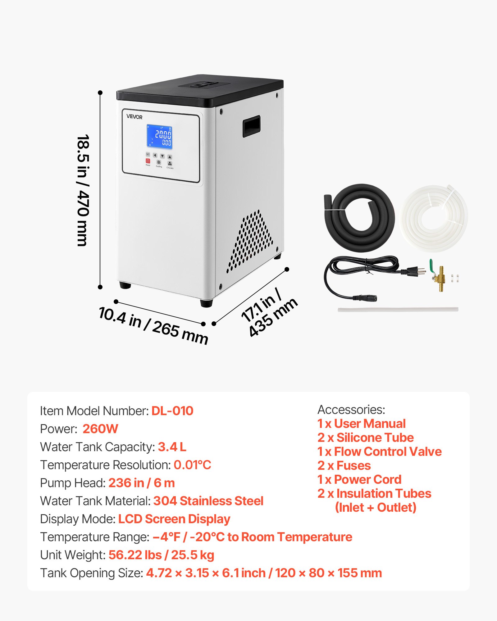 VEVOR Laboratory Chiller Circulator, -20℃ to Room Temperature, 3.4 L Internal and External Dual Circulation, Compatible with ≤2 L Rotary Evaporators for Condenser Reflux and Rapid Cooling