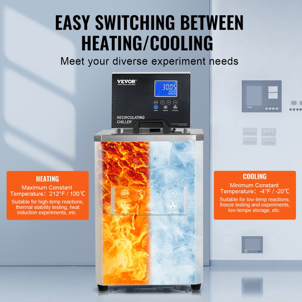 VEVOR Laboratory Chiller Circulator, 6L Chiller Lab Low Temperature Cooling Liquid, -4°F-212°F Circulator Pump Chiller, LCD Display, 304 Stainless Steel Water Bath Recirculating Water Cooling Chiller