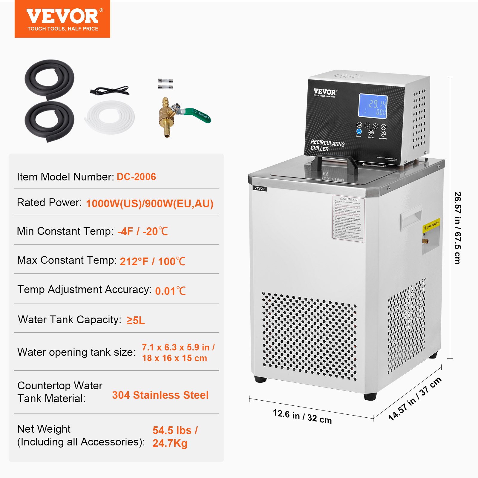 VEVOR Laboratory Chiller Circulator, 6L Chiller Lab Low Temperature Cooling Liquid, -4°F-212°F Circulator Pump Chiller, LCD Display, 304 Stainless Steel Water Bath Recirculating Water Cooling Chiller