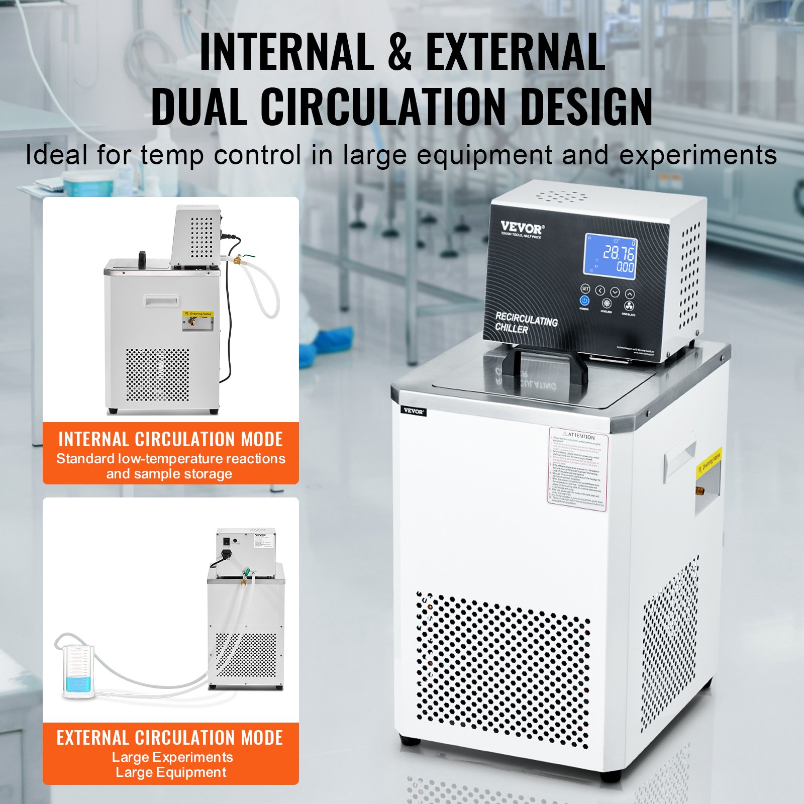 VEVOR Laboratory Chiller Circulator, 6L Low Temperature Cooling Liquid, -5℃ to 100℃ Circulator Pump Chiller, High-Definition LCD Display, 304 Stainless Steel Water Bath Recirculating Water Cooling