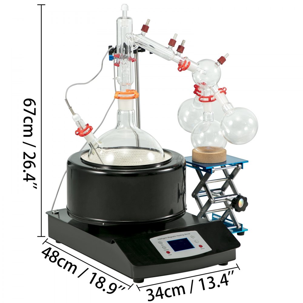 VEVOR 5L Distillation Apparatus Max.380°C Short Path Distillation Kit with Heating Mantle and Magnetic stirring 60-2300rpm Lab Distillation Glassware Apparatus (Black)