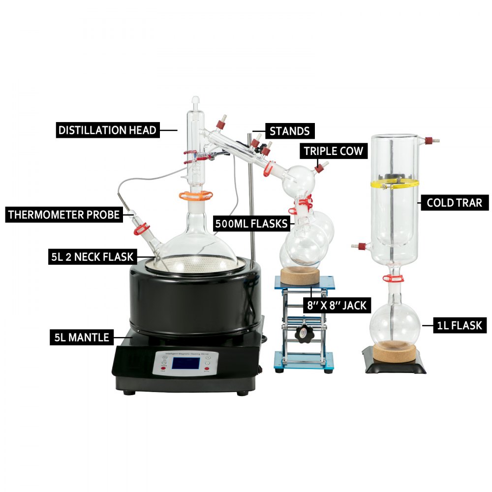VEVOR 5L Distillation Apparatus Max.380°C Short Path Distillation Kit with Heating Mantle and Magnetic stirring 60-2300rpm Lab Distillation Glassware Apparatus (Black)