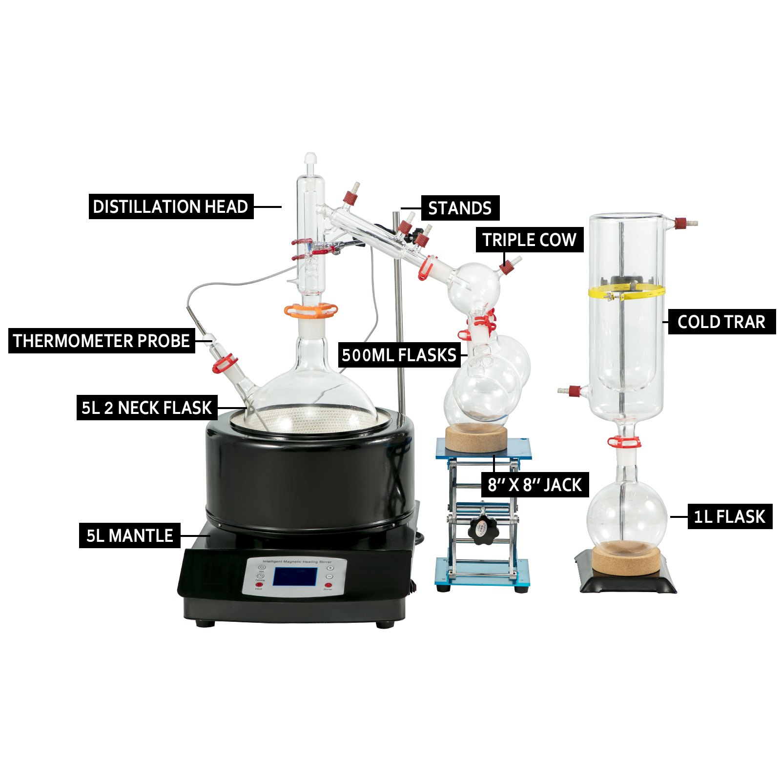 VEVOR 5L Distillation Apparatus Max.380°C Short Path Distillation Kit with Heating Mantle and Magnetic stirring 60-2300rpm Lab Distillation Glassware Apparatus (Black)
