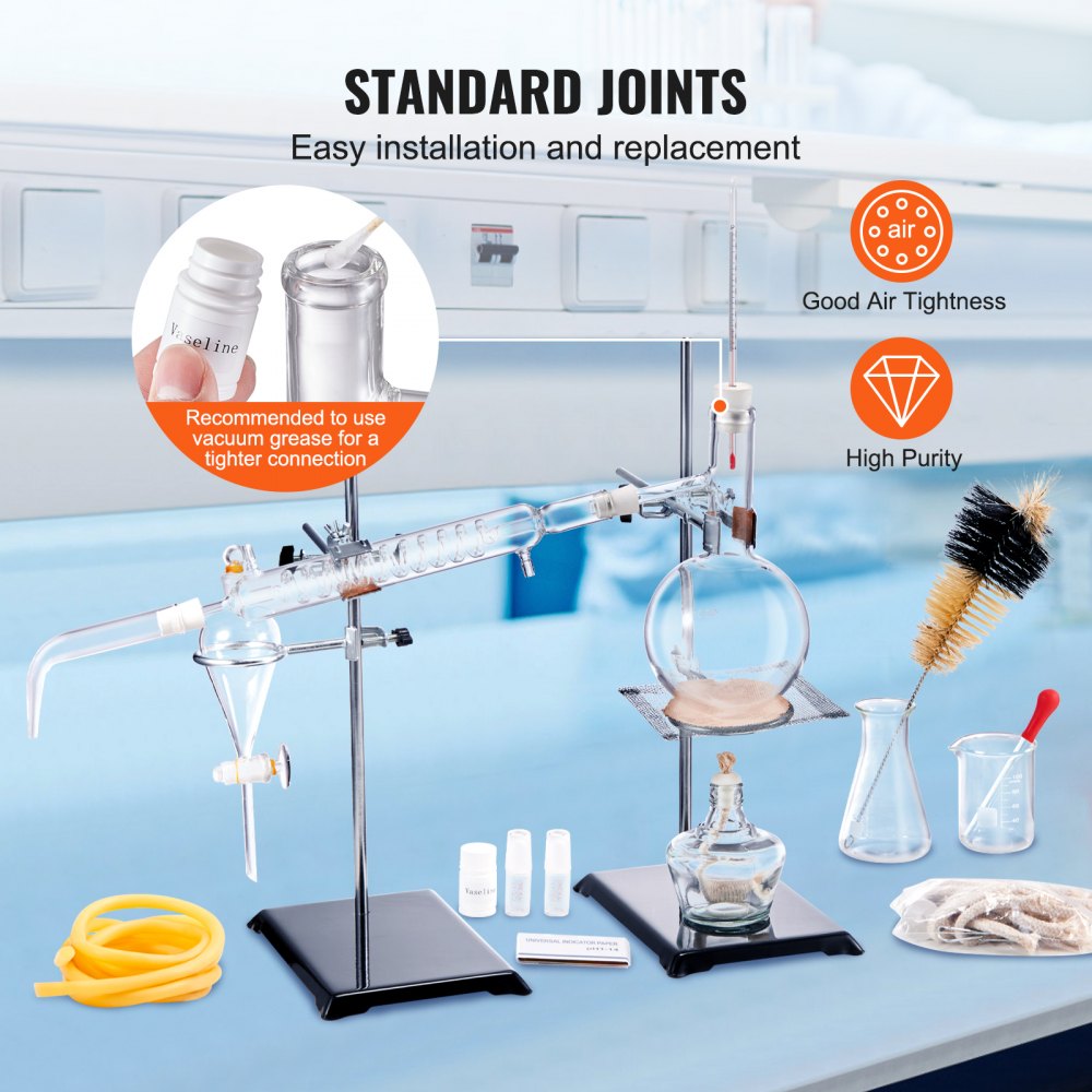 VEVOR essential oil distillation kit, showing glassware setup, tools, and high purity icons.