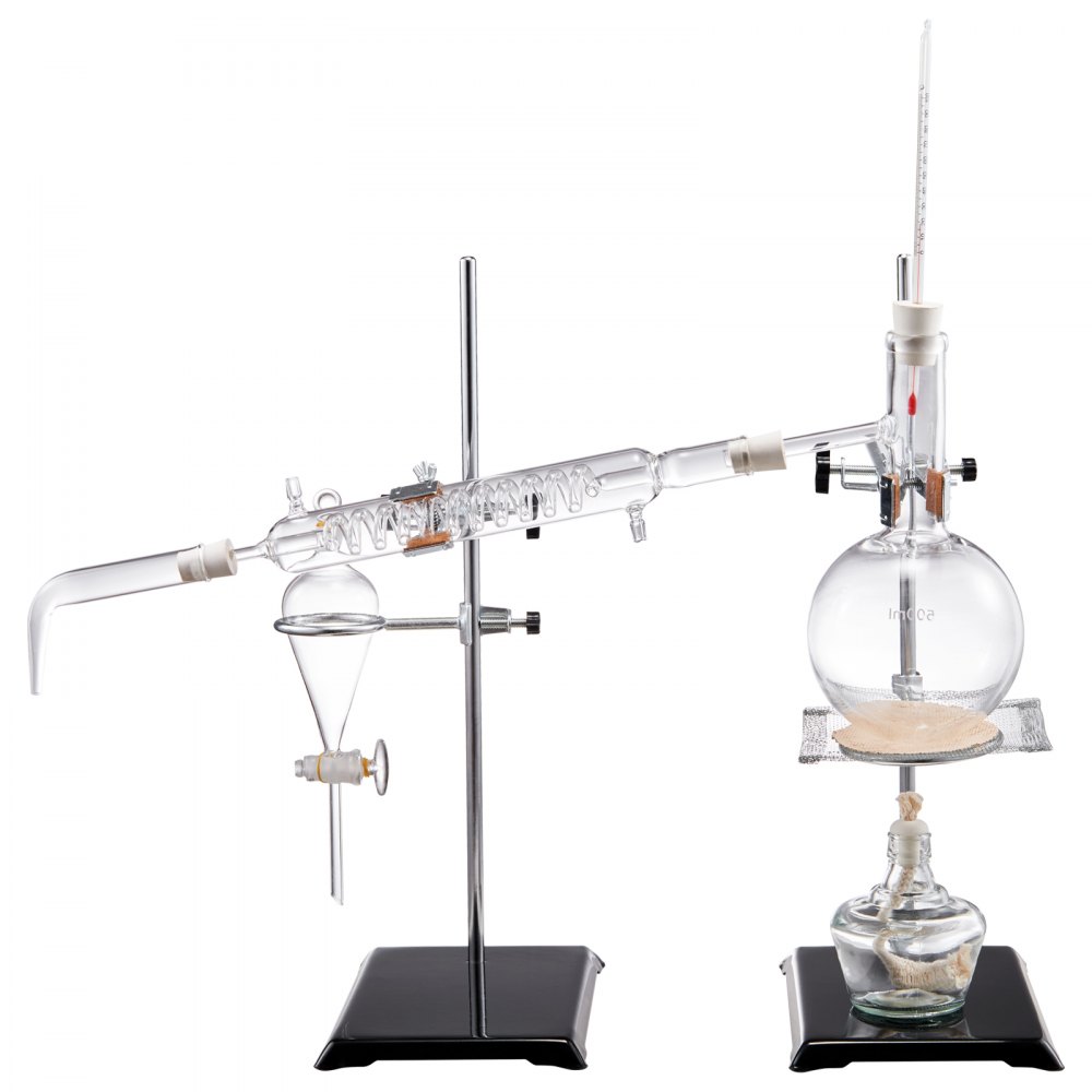 VEVOR essential oil distillation kit with glassware, condenser, and flask on black stands.