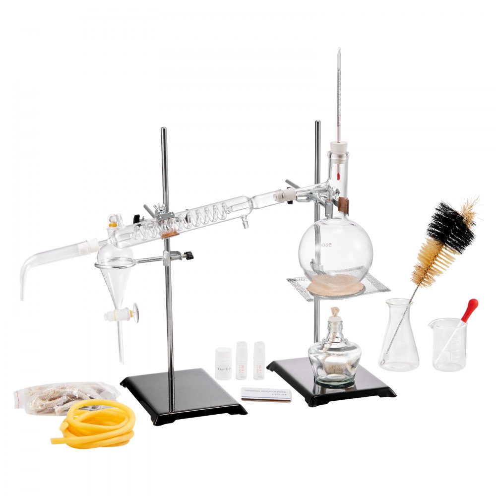 VEVOR essential oil distillation kit with glassware, yellow tubing, thermometer, and cleaning brushes.