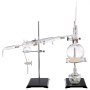 VEVOR essential oil distillation kit with glassware, condenser, and flask on black stands.