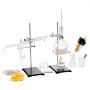 VEVOR essential oil distillation kit with glassware, yellow tubing, thermometer, and cleaning brushes.