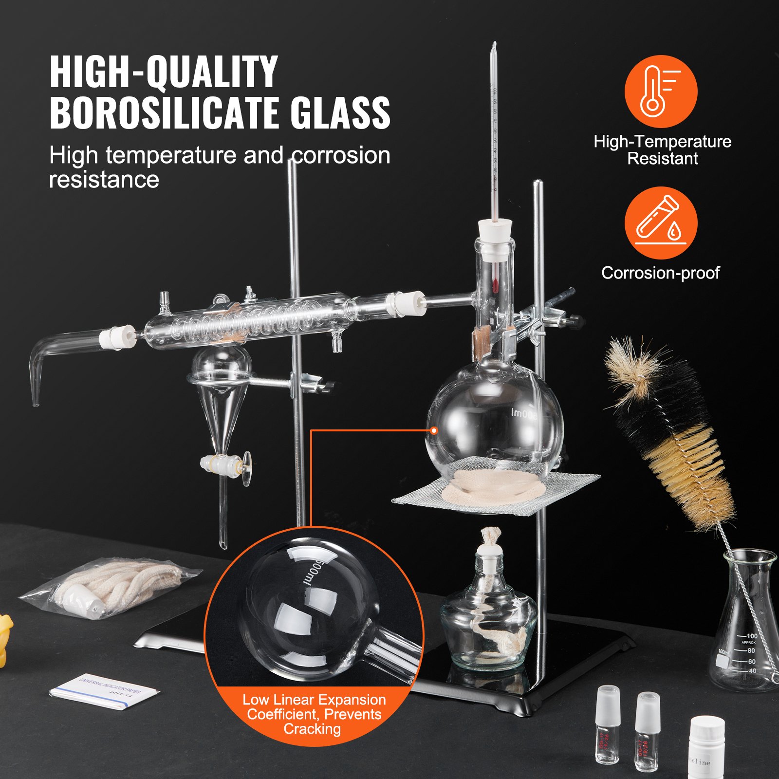 VEVOR essential oil distillation kit with high-quality borosilicate glass, heat-resistant and corrosion-proof.