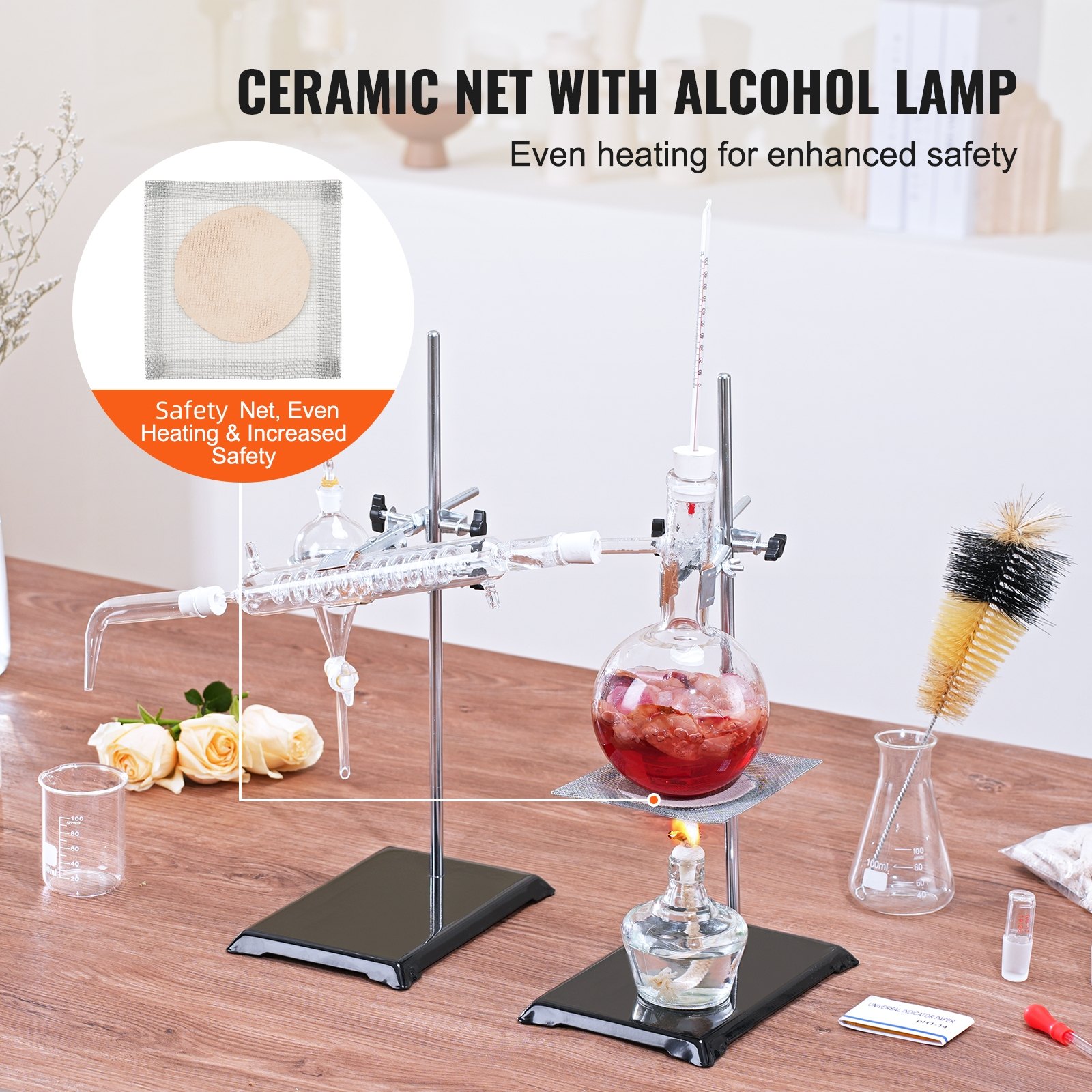 VEVOR essential oil distillation kit with alcohol lamp and ceramic net for even heating and safety.