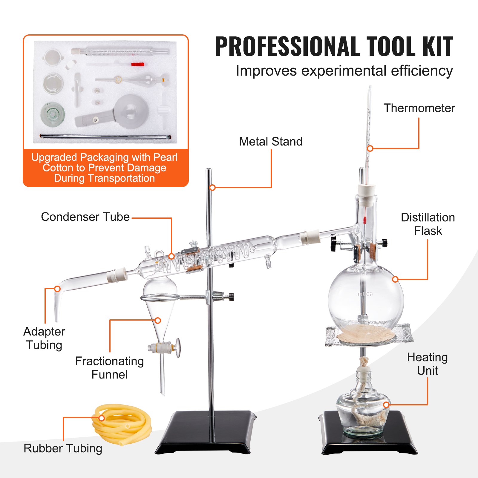 professional VEVOR essential oil distillation kit with metal stand, distillation flask, and heating unit.