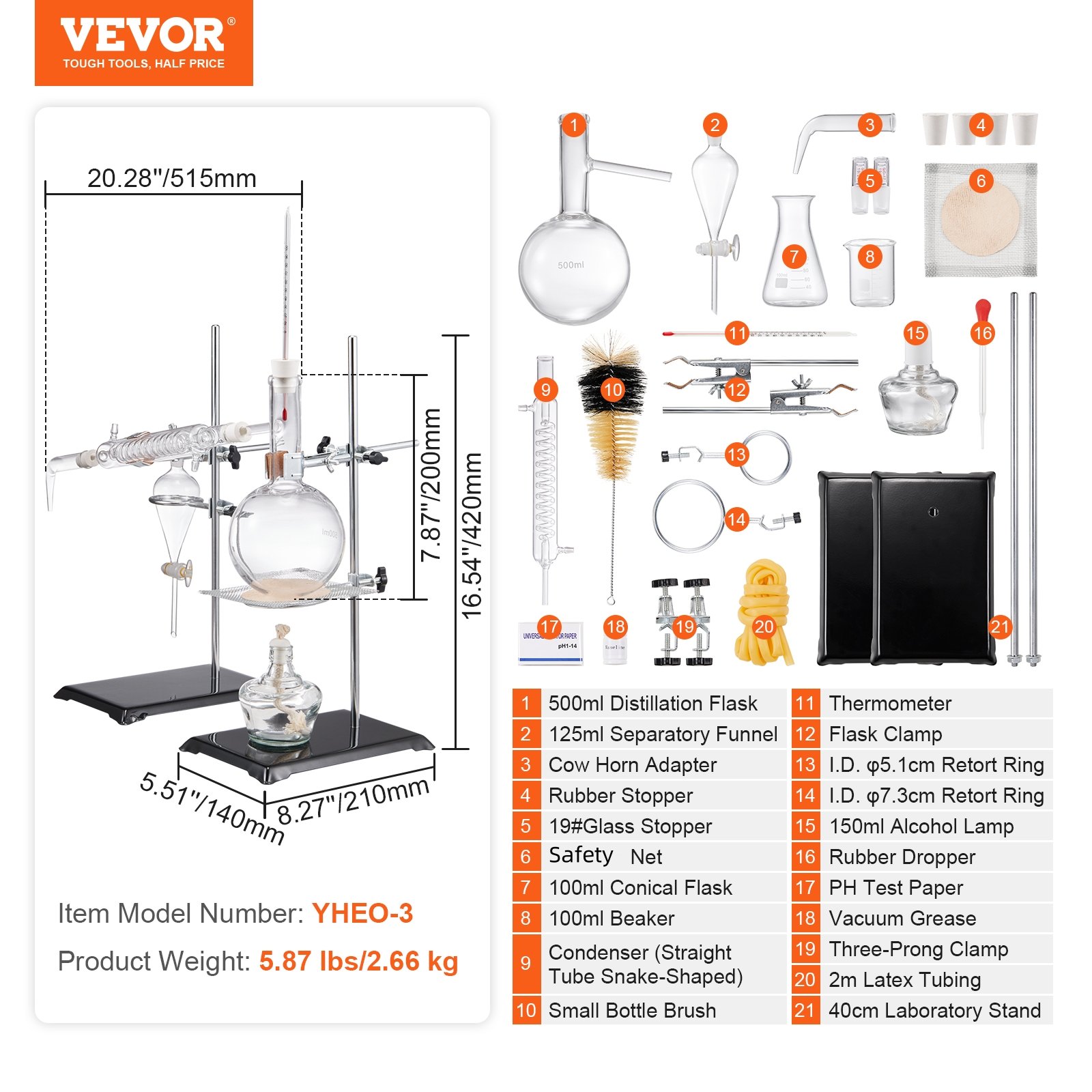 VEVOR essential oil distillation kit featuring a 500ml flask, separatory funnel, and necessary accessories.