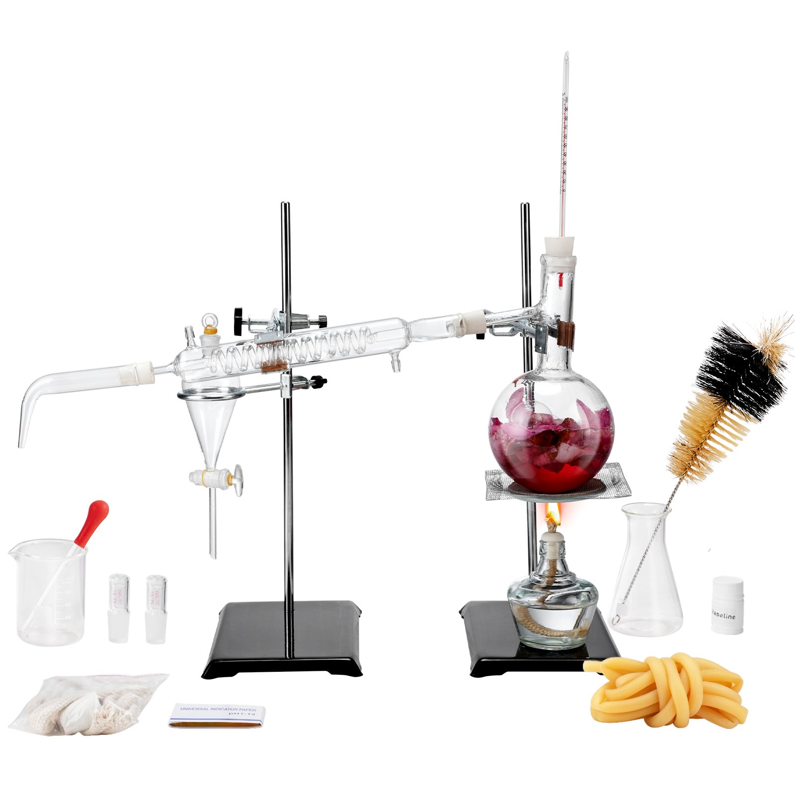 VEVOR essential oil distillation kit with glassware, burner, brushes, and additional accessories.