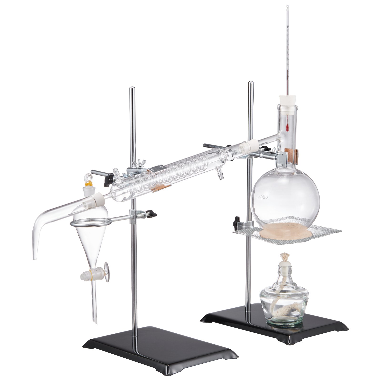 VEVOR essential oil distillation kit setup with glassware and flasks on metal stands.