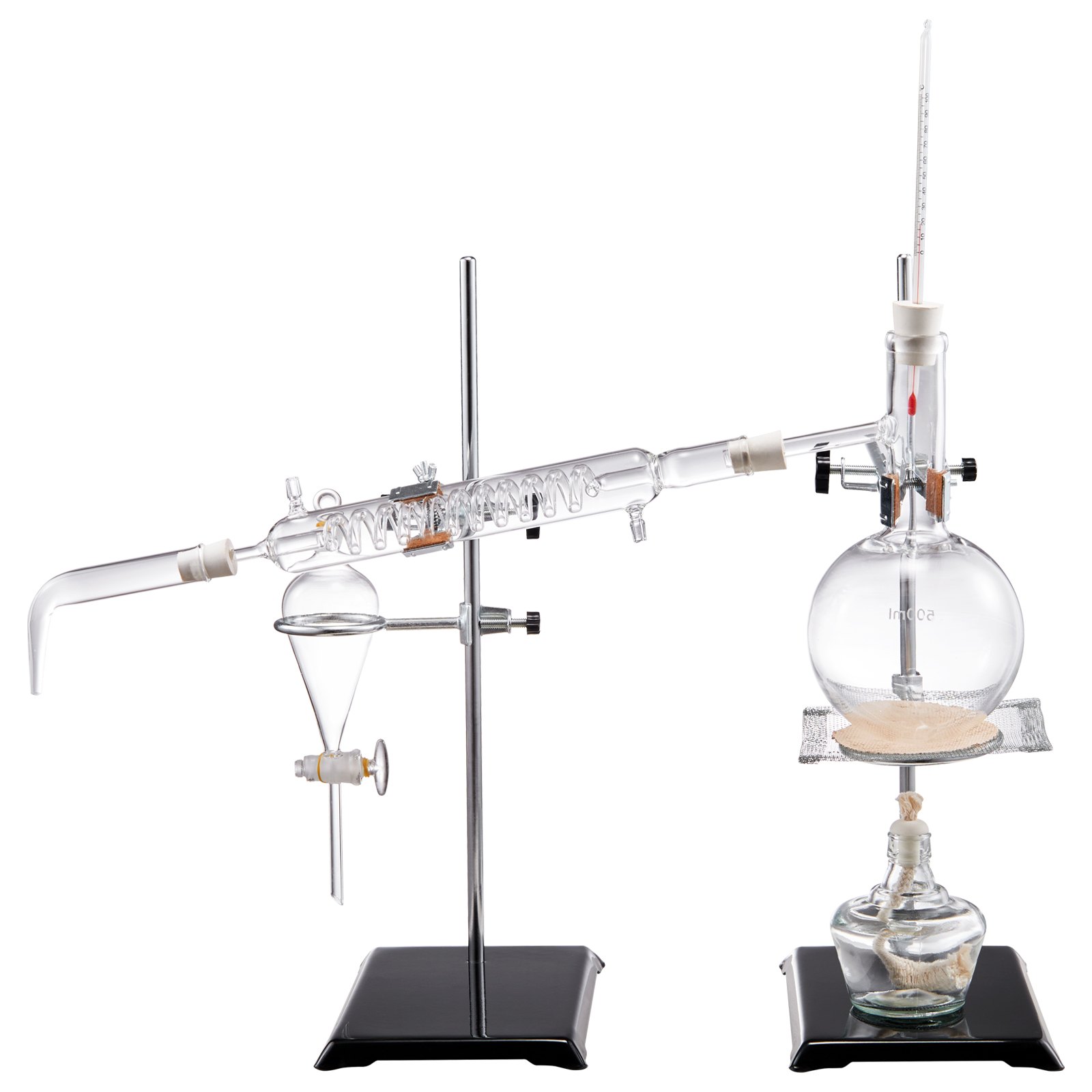 VEVOR essential oil distillation kit with glassware, condenser, and flask on black stands.