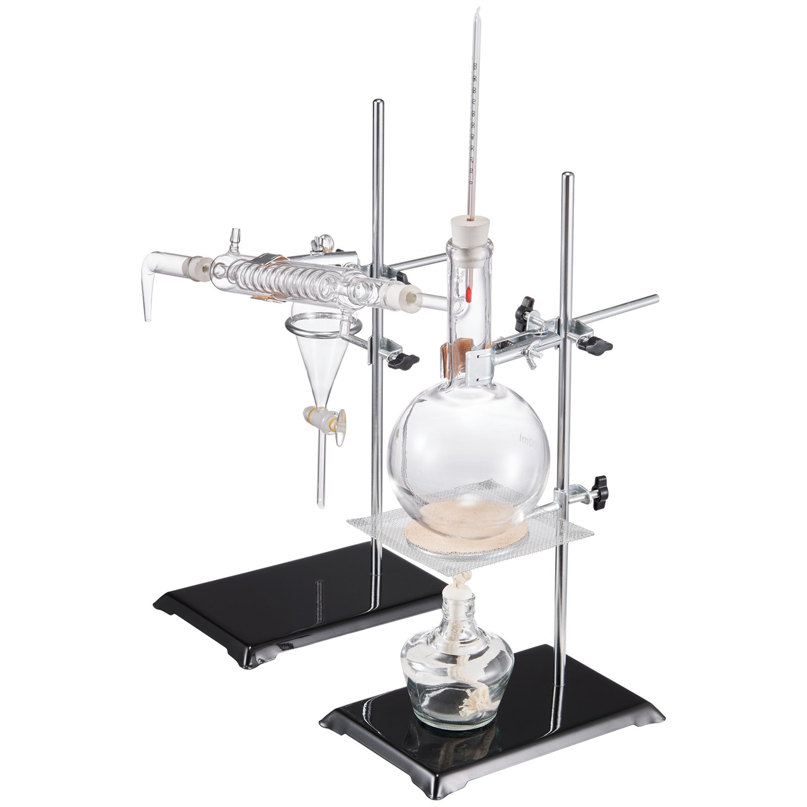 VEVOR essential oil distillation kit with glassware setup, including flasks, condensers, and stands