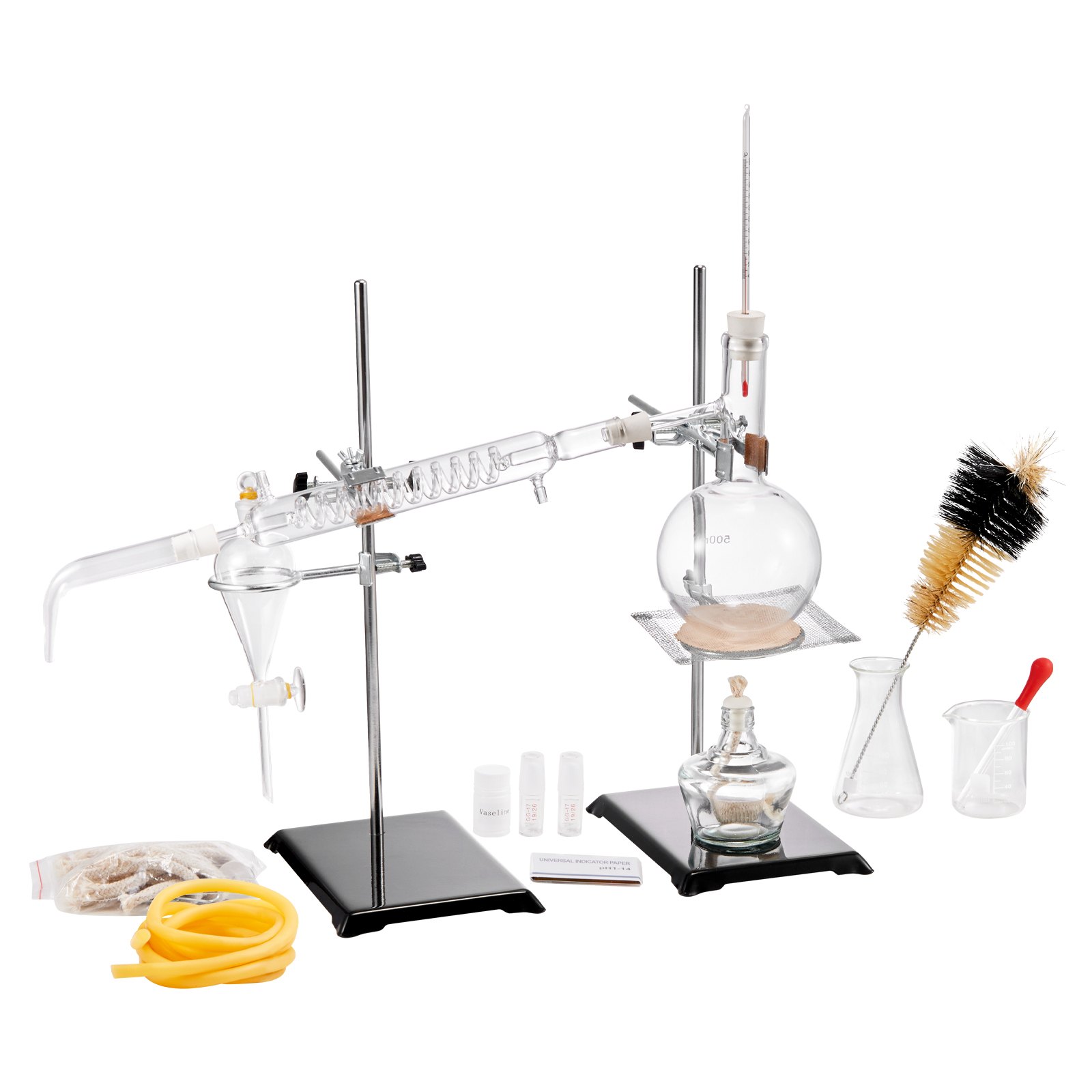 VEVOR essential oil distillation kit with glassware, yellow tubing, thermometer, and cleaning brushes.