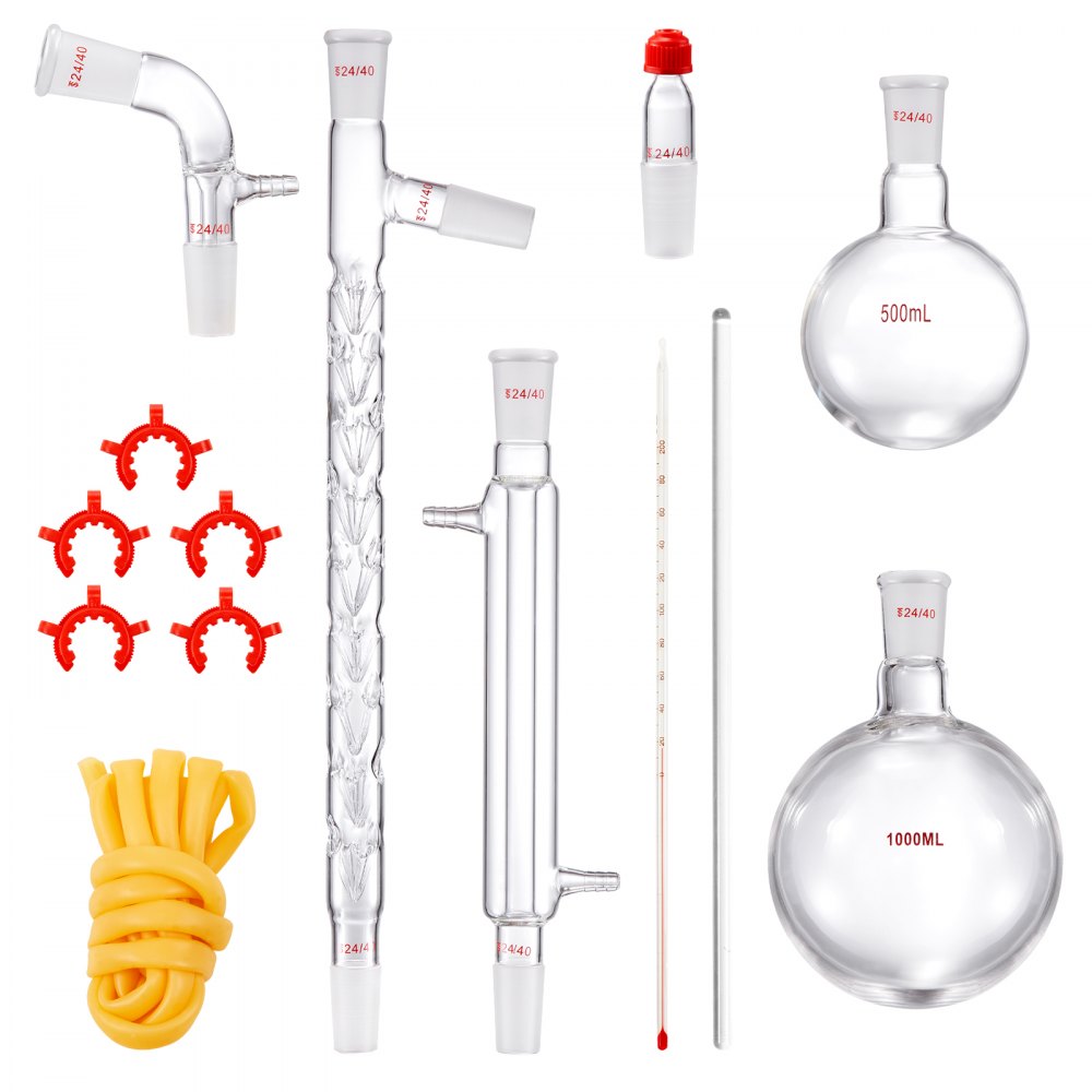 VEVOR Lab Distillation Kit, 3.3 Boro Lab Glassware Distillation Kit with 24, 40 Joint, 1000ml Essential Oil Distillation Apparatus Kit, 14 pcs Set of Glassware Equipment
