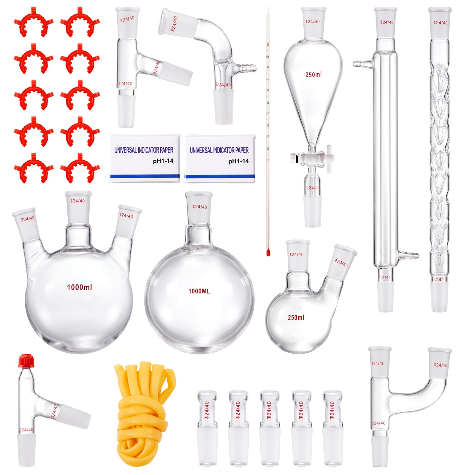 VEVOR Lab Distillation Kit, 3.3 Boro Lab Glassware Distillation Kit with 24, 40 Joint, 1000ml Essential Oil Distillation Apparatus Kit, 29 pcs Set of Glassware Equipment