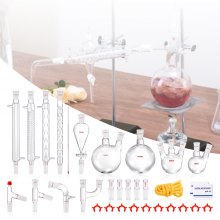 VEVOR Lab Distillation Kit, 3.3 Boro Lab Glassware Distillation Kit with 24, 40 Joint, 1000ml Essential Oil Distillation Apparatus Kit, 32 pcs Set of Glassware Equipment