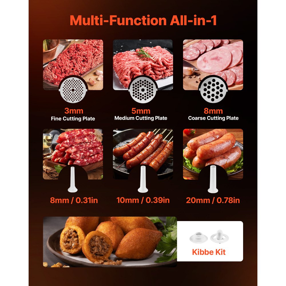 VEVOR Electric Meat Grinder, 2.3 kg/Min Capacity, #8 Meat Mincer with 3 Grinding Plates, 3 Sausage Stuffing Tubes & Kubbe Kit, 700W/0.77HP Sausage Stuffer Maker for Home Kitchens, ETL Listed