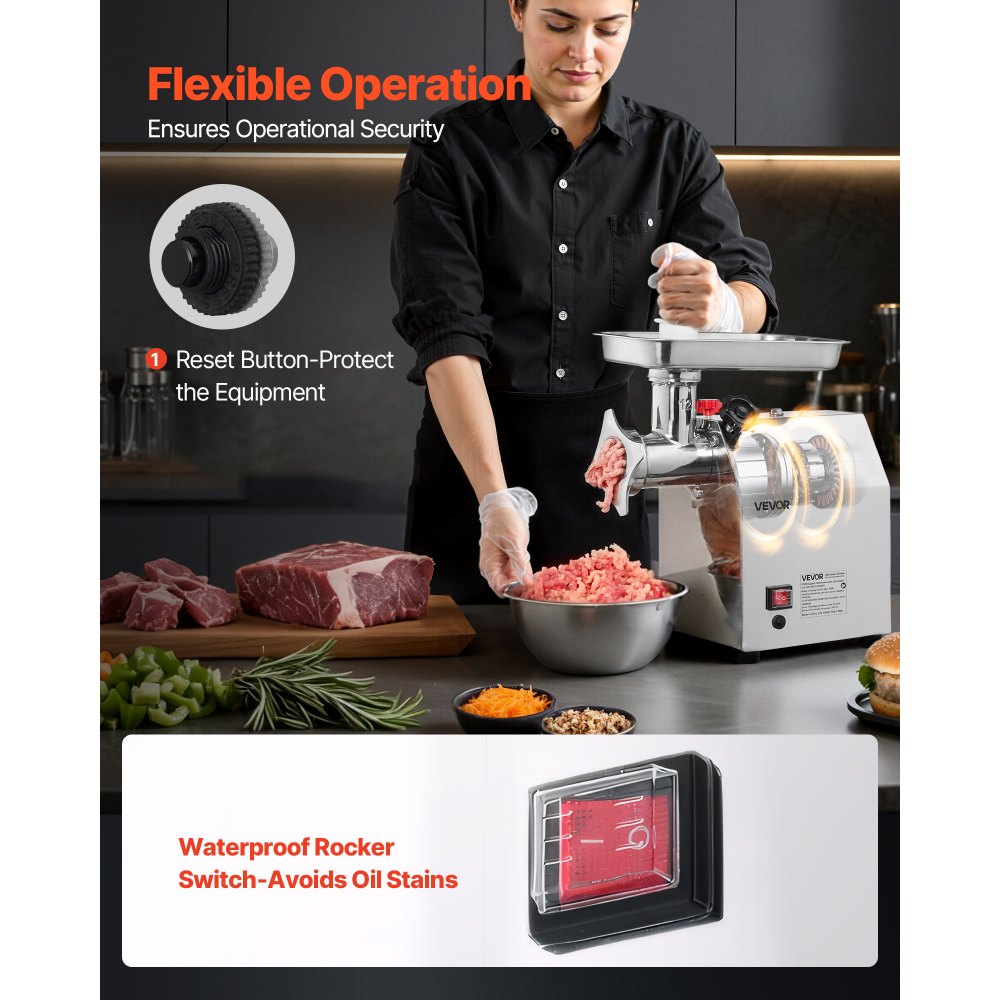 VEVOR Commercial Electric Meat Grinder, 7 lbs/min Capacity, #12 Industrial Meat Mincer with 2 Stainless Steel Blades, 2 Grinding Plates, 850W Heavy-Duty Sausage Maker Stuffer, for Kitchen, Restaurant