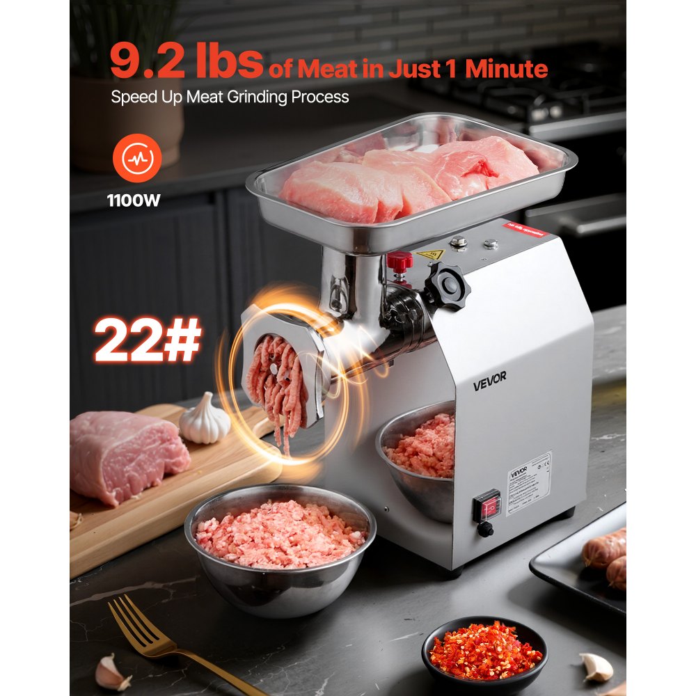 VEVOR Commercial Electric Meat Grinder, 4.2 kg/min Capacity, #22 Industrial Meat Mincer with 2 Stainless Steel Blades, 2 Grinding Plates, 1100W Heavy-Duty Sausage Maker, for Kitchen, Restaurant