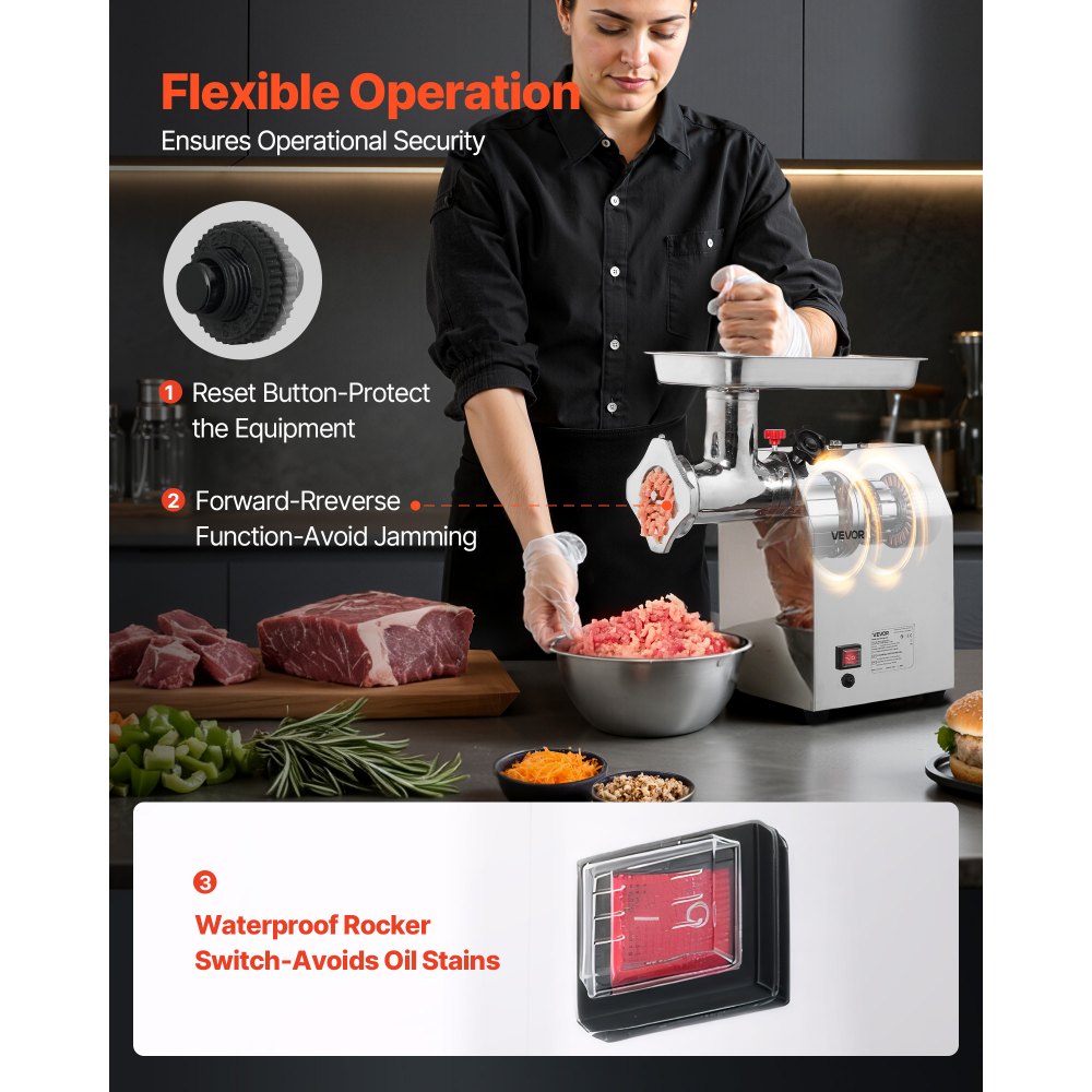 VEVOR Commercial Electric Meat Grinder, 4.2 kg/min Capacity, #22 Industrial Meat Mincer with 2 Stainless Steel Blades, 2 Grinding Plates, 1100W Heavy-Duty Sausage Maker, for Kitchen, Restaurant