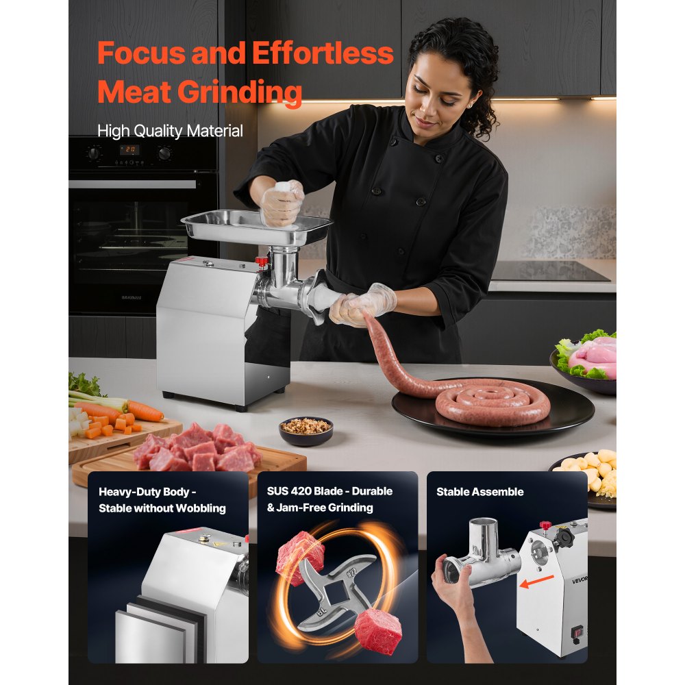 VEVOR Commercial Electric Meat Grinder, 4.2 kg/min Capacity, #22 Industrial Meat Mincer with 2 Stainless Steel Blades, 2 Grinding Plates, 1100W Heavy-Duty Sausage Maker, for Kitchen, Restaurant
