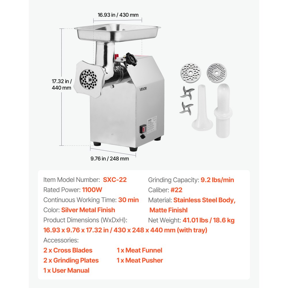 VEVOR Commercial Electric Meat Grinder, 4.2 kg/min Capacity, #22 Industrial Meat Mincer with 2 Stainless Steel Blades, 2 Grinding Plates, 1100W Heavy-Duty Sausage Maker, for Kitchen, Restaurant