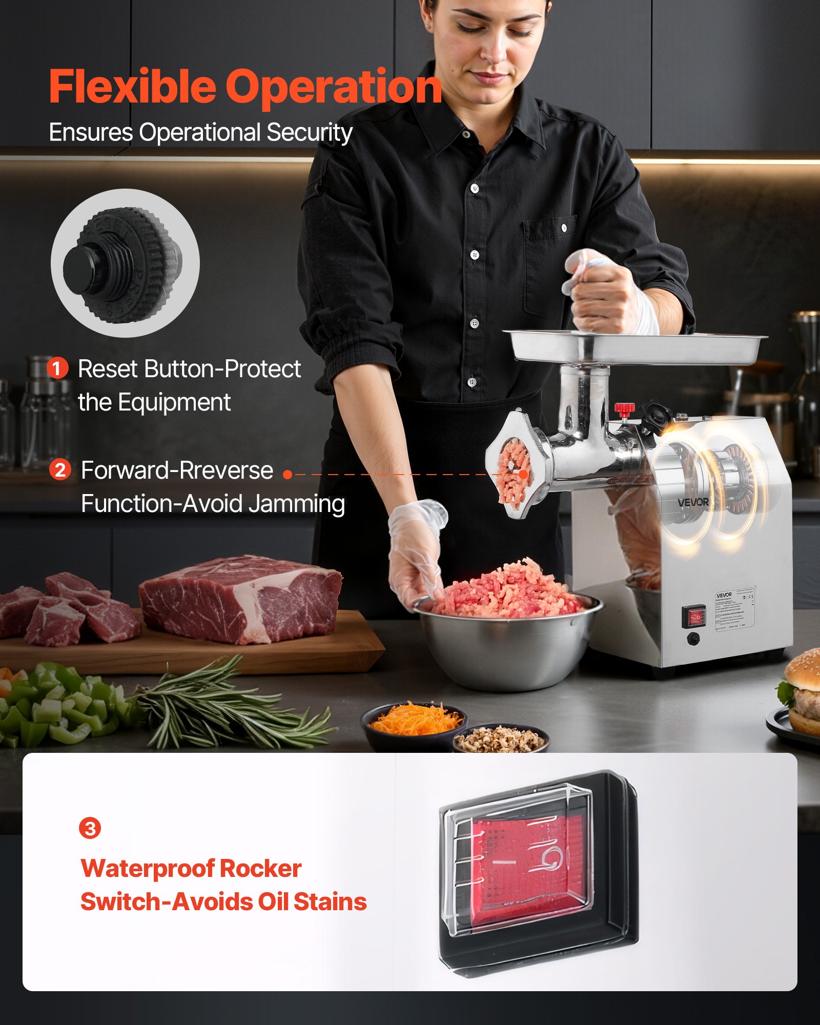 VEVOR Commercial Electric Meat Grinder, 4.2 kg/min Capacity, #22 Industrial Meat Mincer with 2 Stainless Steel Blades, 2 Grinding Plates, 1100W Heavy-Duty Sausage Maker, for Kitchen, Restaurant
