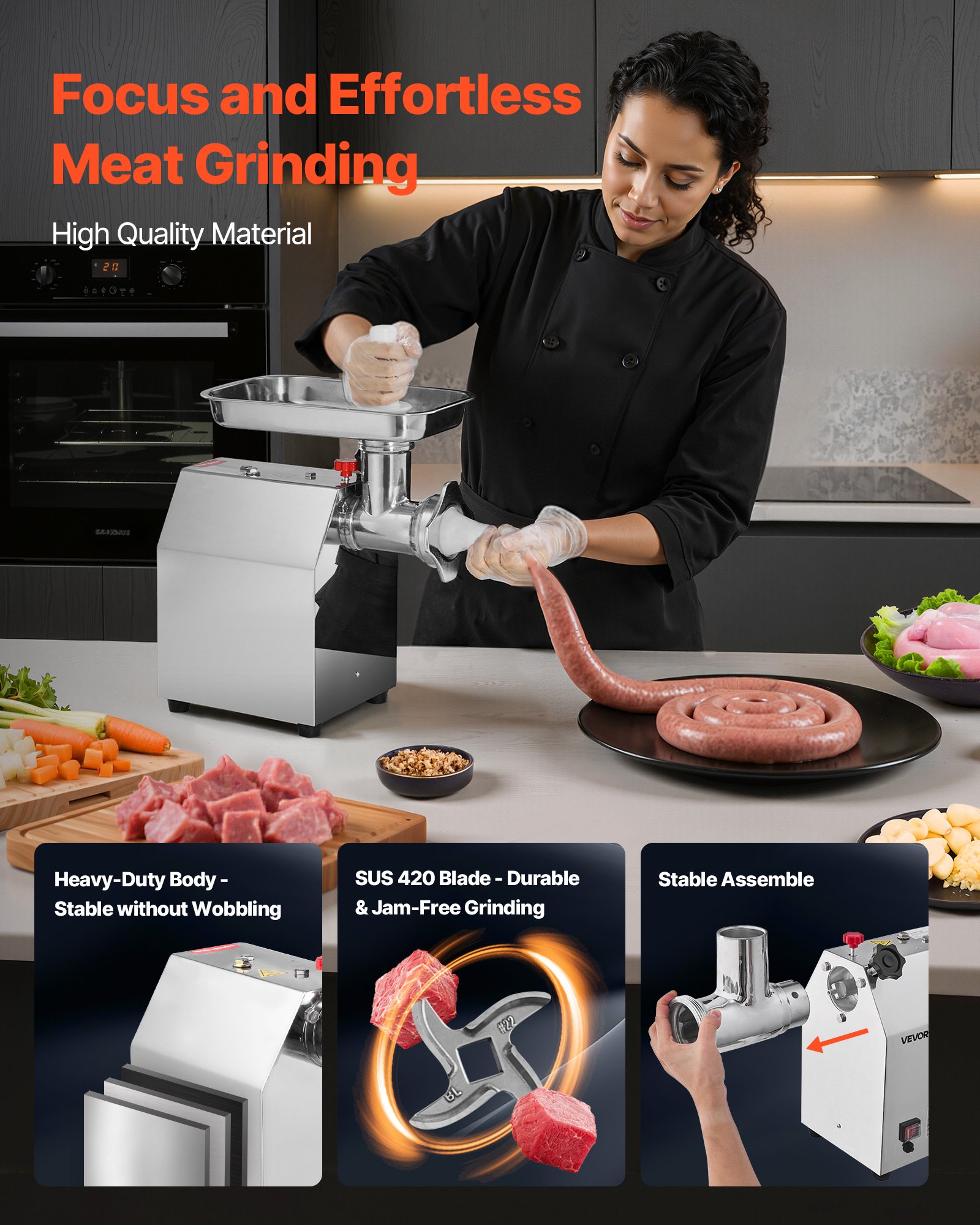 VEVOR Commercial Electric Meat Grinder, 4.2 kg/min Capacity, #22 Industrial Meat Mincer with 2 Stainless Steel Blades, 2 Grinding Plates, 1100W Heavy-Duty Sausage Maker, for Kitchen, Restaurant