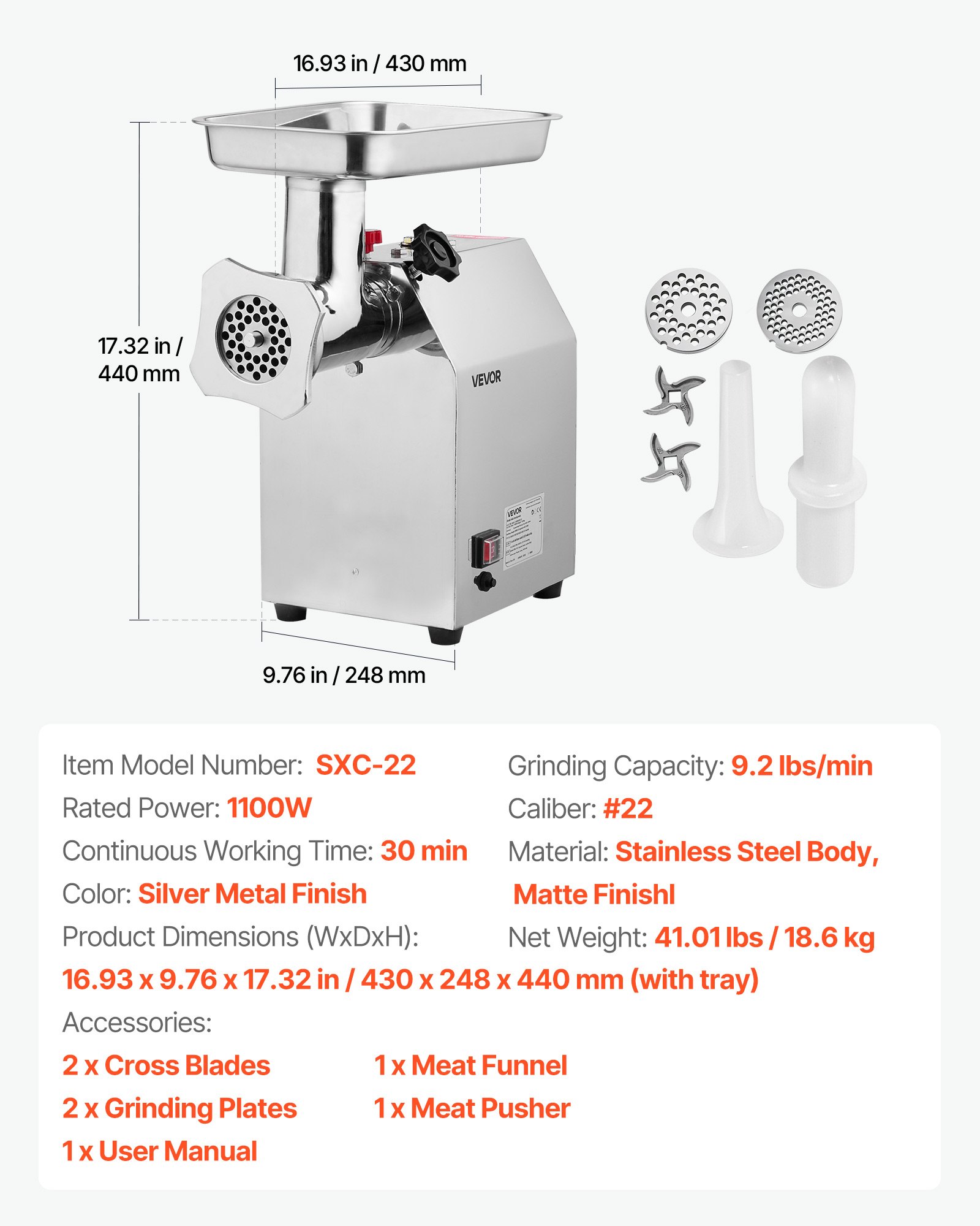VEVOR Commercial Electric Meat Grinder, 4.2 kg/min Capacity, #22 Industrial Meat Mincer with 2 Stainless Steel Blades, 2 Grinding Plates, 1100W Heavy-Duty Sausage Maker, for Kitchen, Restaurant