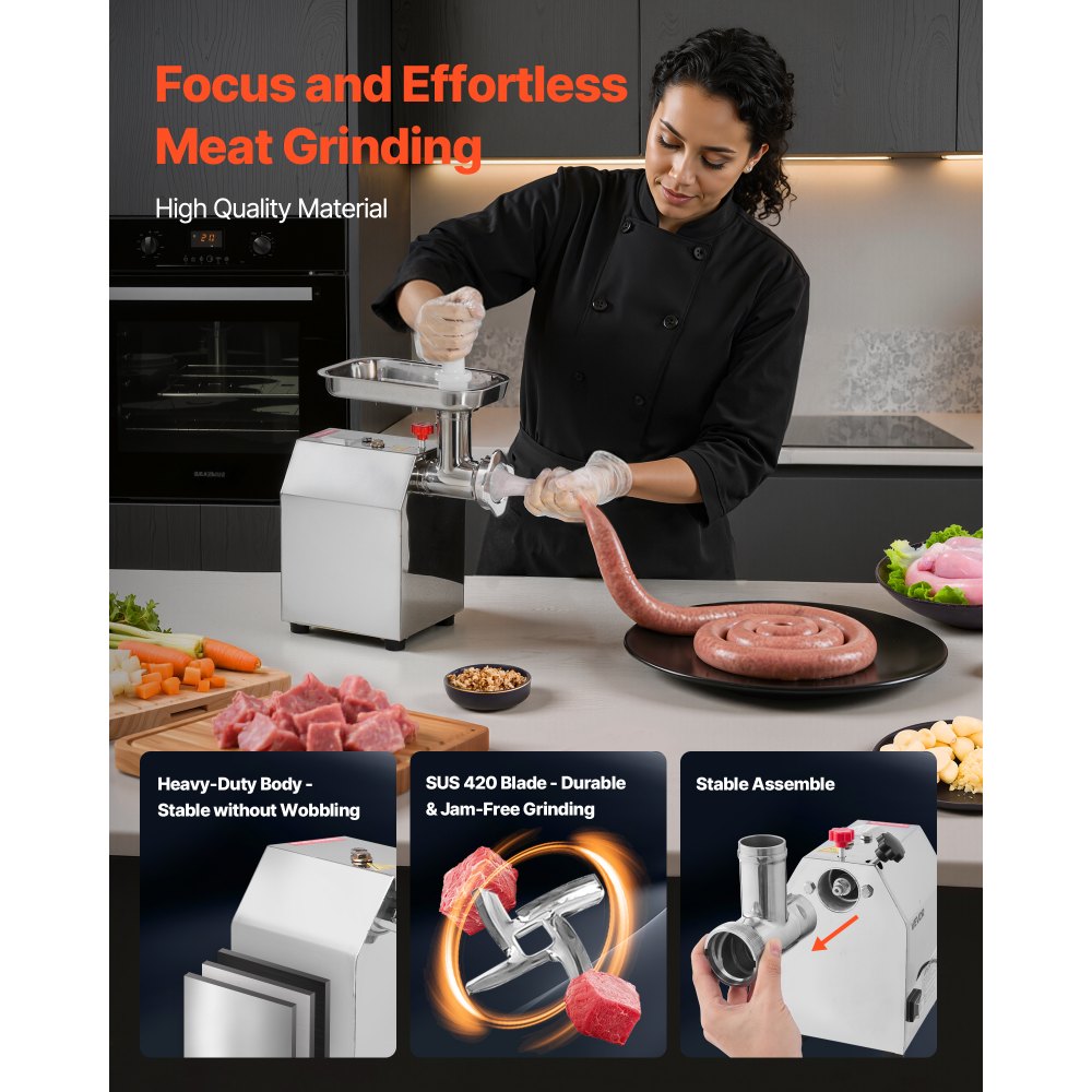 VEVOR Commercial Electric Meat Grinder, 5 lbs/min Capacity, #8 Industrial Meat Mincer with 2 Stainless Steel Blades, 2 Grinding Plates, 600W Heavy-Duty Sausage Maker Stuffer, for Kitchen, Restaurant