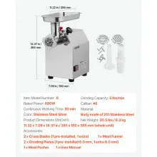 VEVOR Commercial Electric Meat Grinder, 5 lbs/min Capacity, #8 Industrial Meat Mincer with 2 Stainless Steel Blades, 2 Grinding Plates, 600W Heavy-Duty Sausage Maker Stuffer, for Kitchen, Restaurant